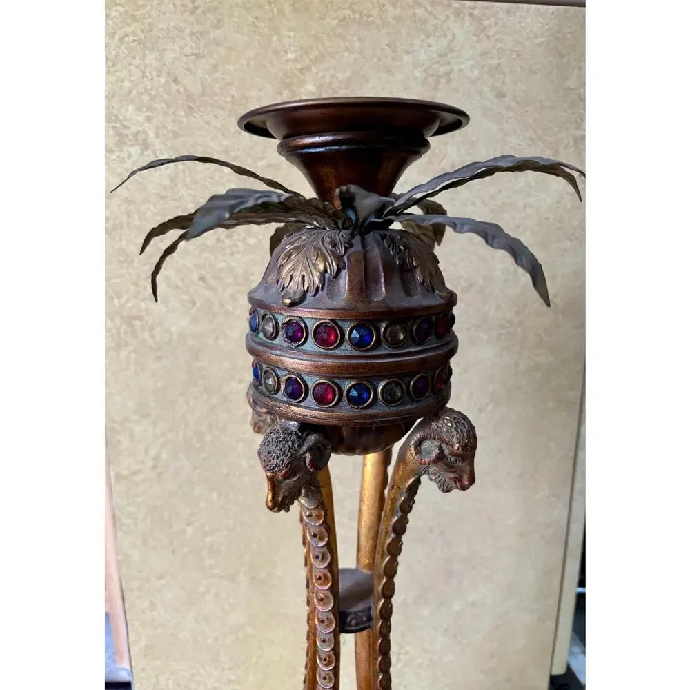 Pier 1 Gilt Metal Palm Tree Candle Holder Gemstone Accents Vintage Rams Head 22